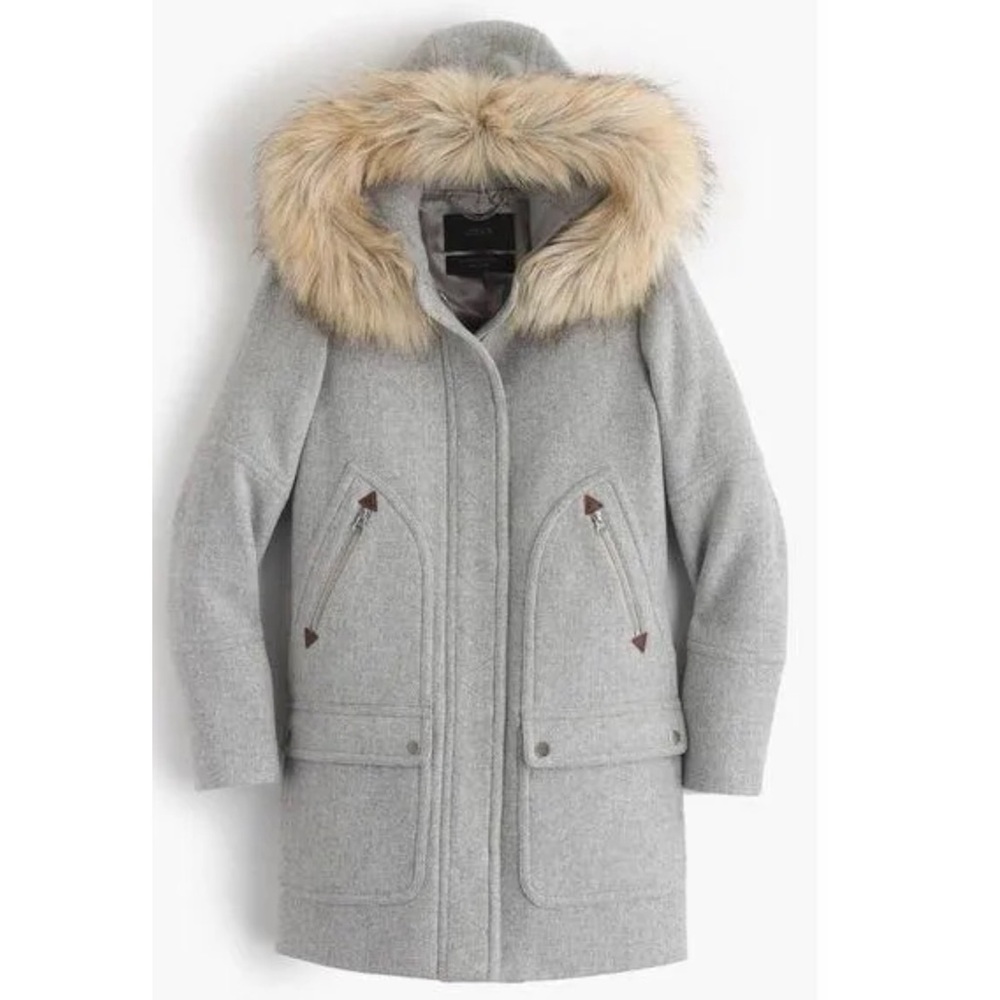 J.Crew Chateau Parka Italian Wool Stadium Cloth Coat Fur Hood B3901 Gray, sz 00